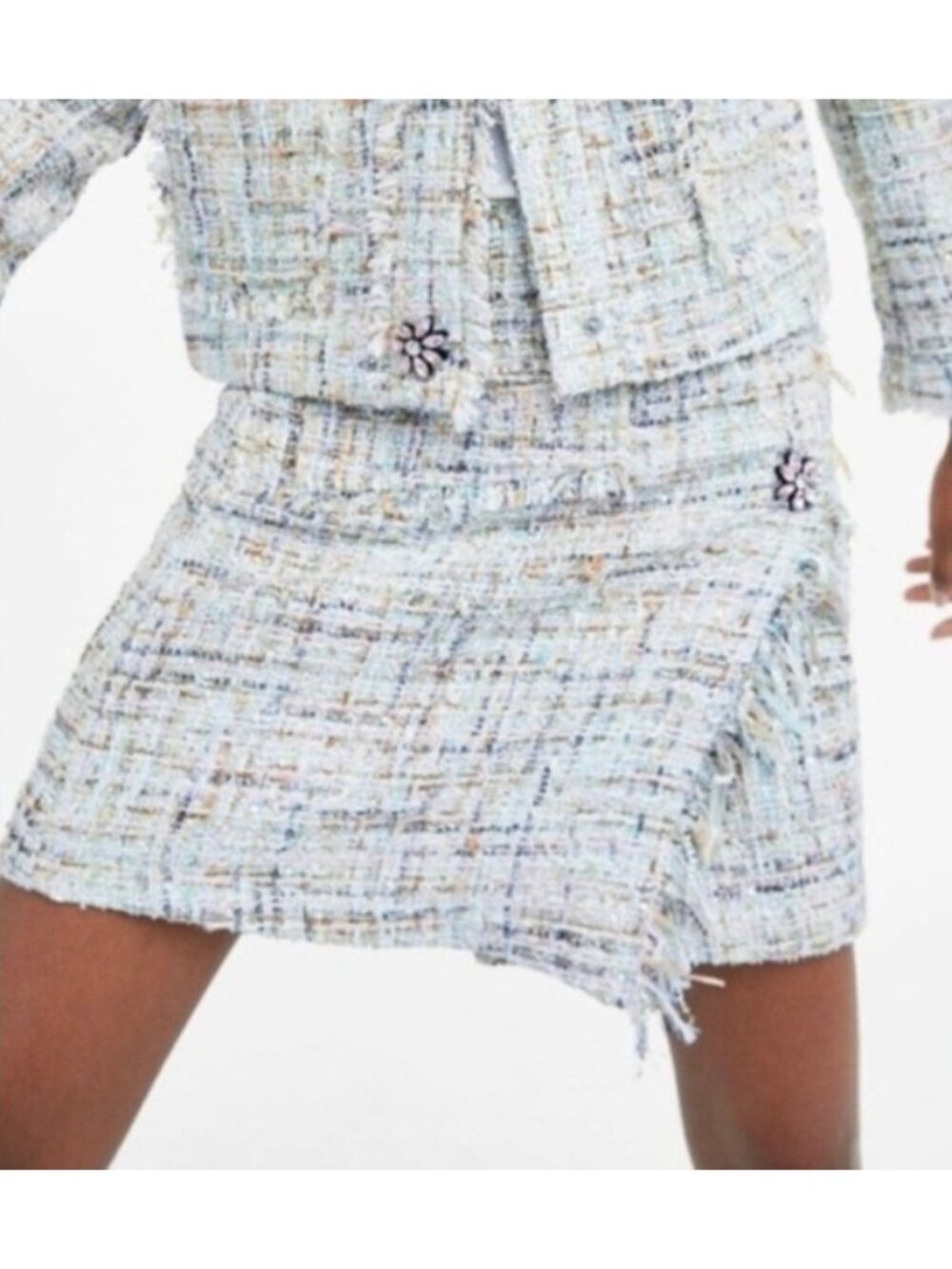 ZARA Tweed Mini Wrap Skirt Fringe Embellished Floral Crystal Buttons Boucle S